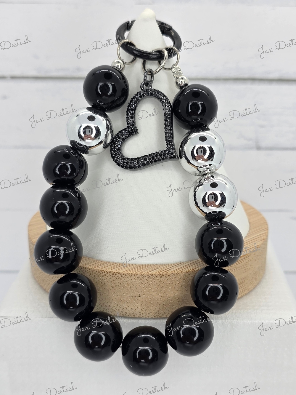 Black and Silver Heart Charm Beaded Phone/Key Lanyard CH4373